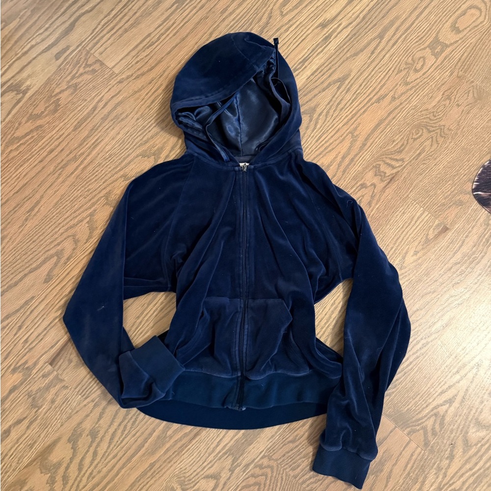 Navy Blue Women's Velour Jacket w Silk Hood